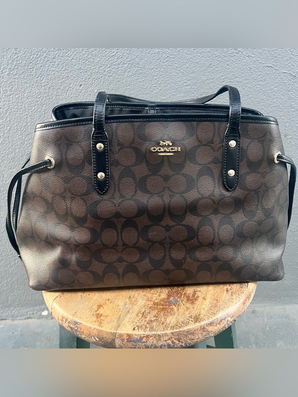 COACH Signature Tote Bag F57842 PVC Leather Draw Strings Brown